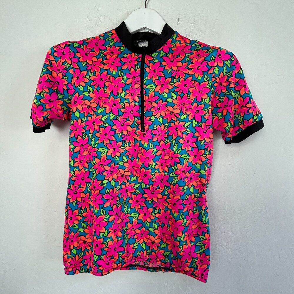 Free Form Fashions Womens Floral Cycling Jersey Pink/Green Short Sleeve 1/4 Zip